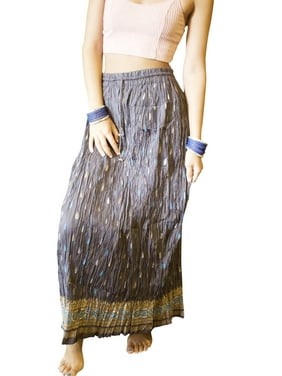 Mogul Women Maxi Skirt Boho Handmade Gray Crinkled Cotton Printed Beach Bohemian Long Skirt SM