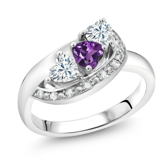 Gem Stone King 925 Sterling Silver Purple Amethyst and White Moissanite and White Created Sapphire Engagement Ring for Women (0.77 Cttw, Gemstone February Birthstone, Heart Shape 4MM, Size 8)