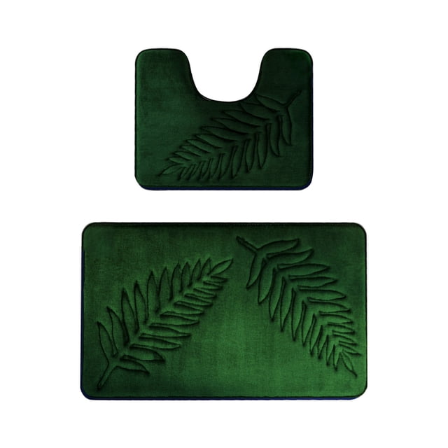 Matoen12 Leaf Printed Bath Mat Set of 2, Polyester Water Absorbing Doormat Floor Mats for Bathroom, Includes U-Shape Floor Mat & Non-Slip Bath Rug, 16"x20" + 16"x32", 1 Pack, Green, Rectangle