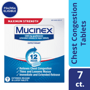 Mucinex Maximum Strength 12 hour Chest Congestion Medicine, Chest Congestion Relief, Expectorant, Lasts 12 hours, Powerful Symptom Relief, Extended-Release Bi-layer tablets, 7 count (24 pack)