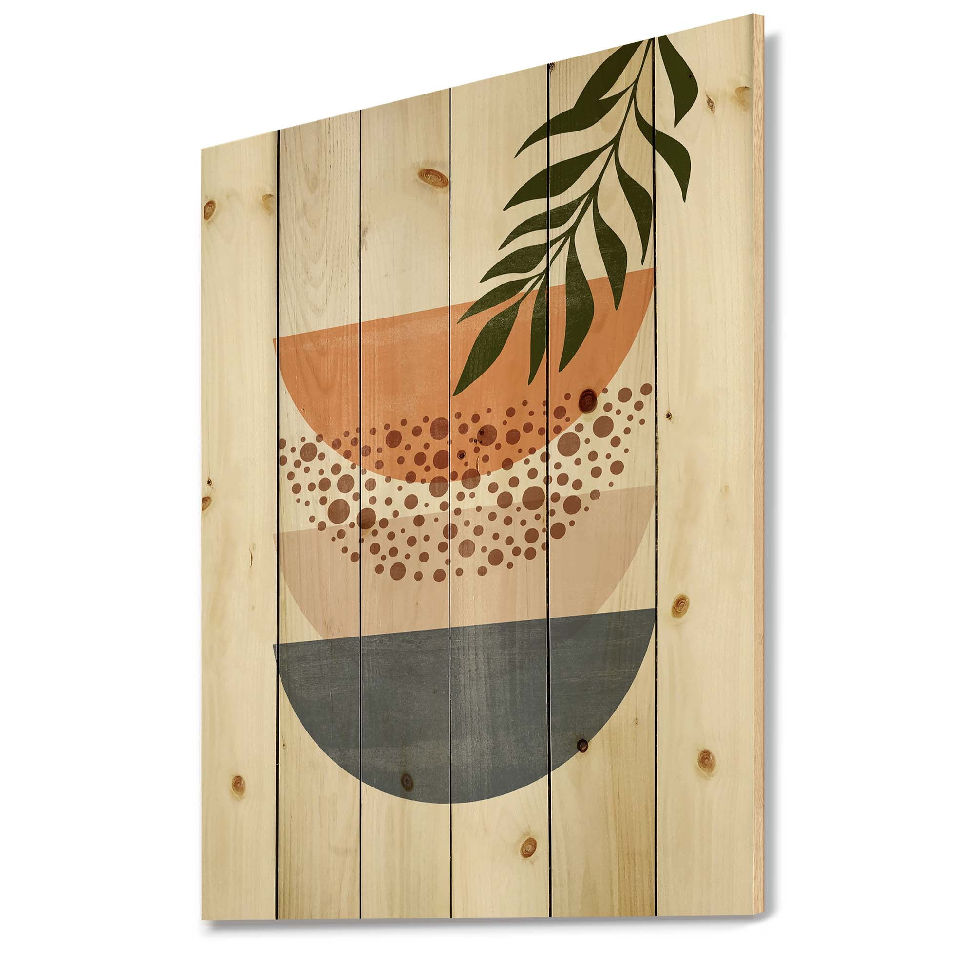 Designart 'Abstract Geometrical Moon and Sun With Leaf III' Modern Print on Natural Pine Wood