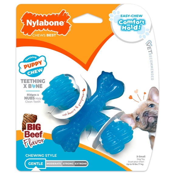 Nylabone Puppy Chew Comfort Hold X Bone Dog Chew Toy Beef X-Small (1 Count)