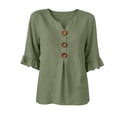thumbnail image 5 of Cilsoka 3/4 Length Ruffle Sleeve Womens Tops Cotton Linen V Neck Button T Shirts Summer Beach Casual Boho Three Quarter Sleeve Tops, 5 of 6