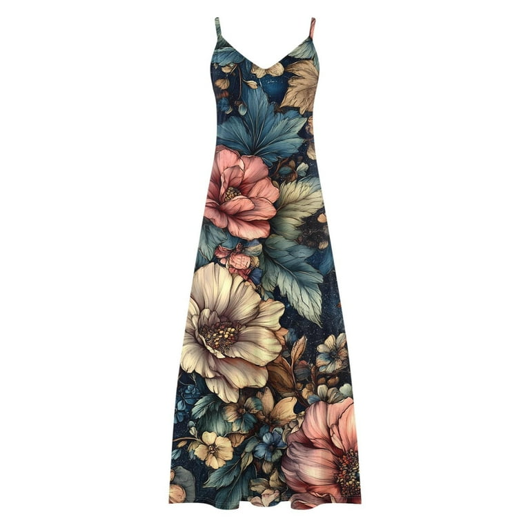 Odbmxy Women's Maxi Dress V-Neck Sleeveless Womens Dresses Floral Camisole Camping Fairy Dresses,Beige XXL, Size: 4,6,8,10,12,14,16,18,20