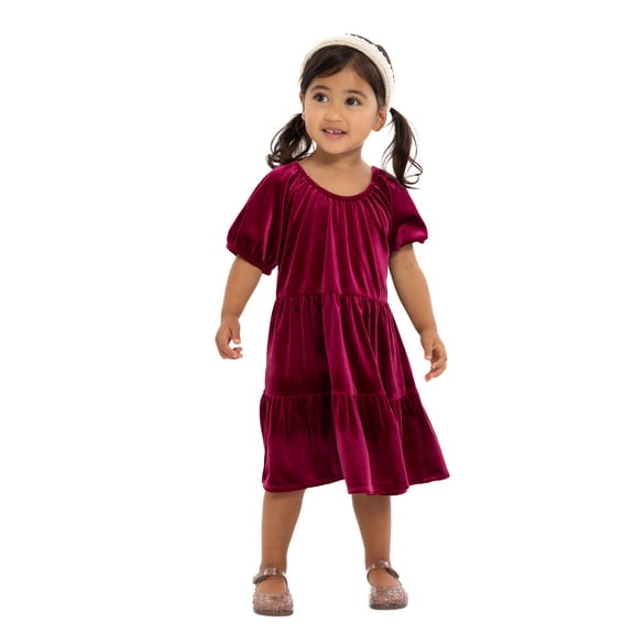 Wonder Nation Toddler Girls Tiered Velvet Dress with Puff Sleeves, Sizes 12M-5T