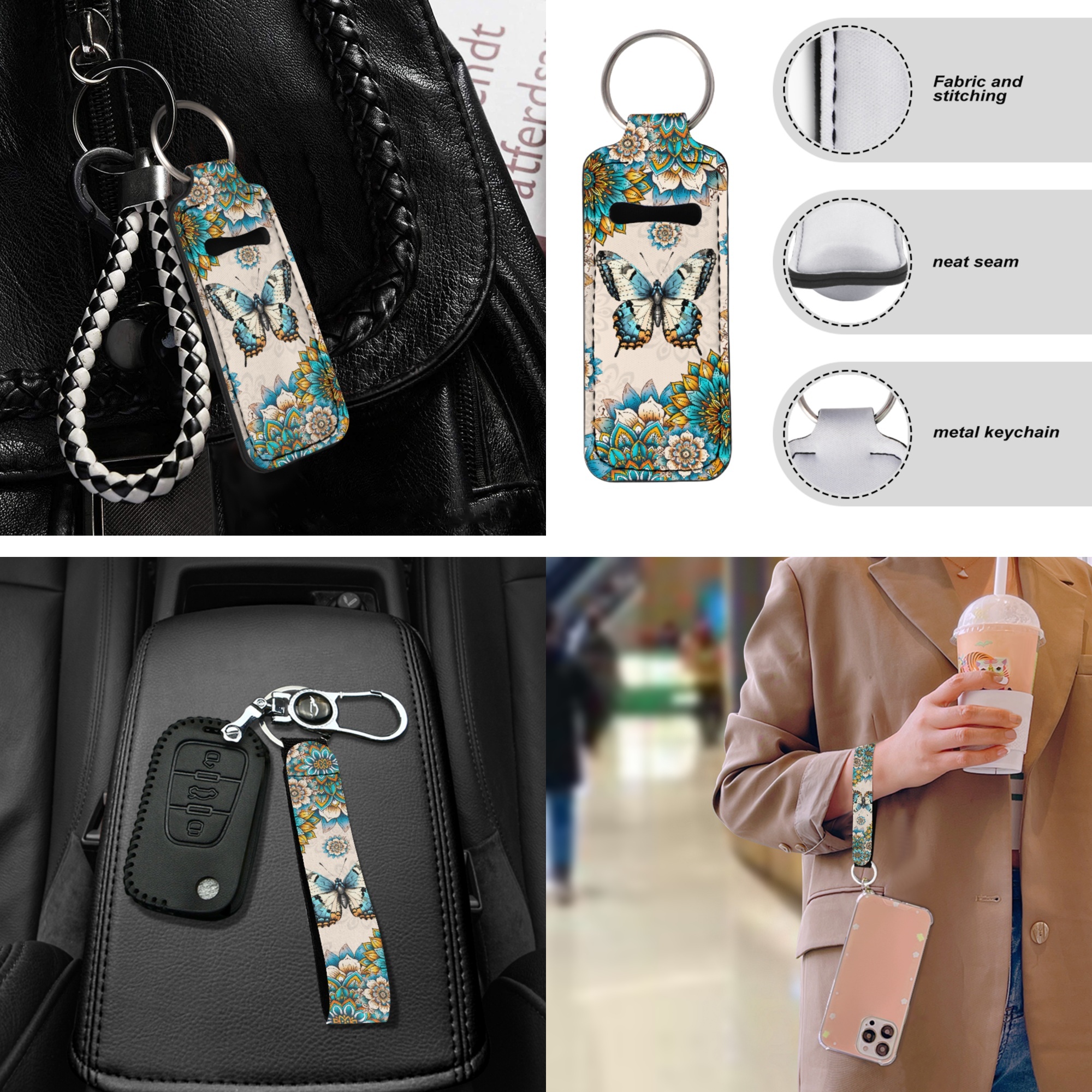 Jeiento Butterfly Car Seat Cover Full Set Car Floor Mats Steering Wheel Cover Seatbelt Pad Armrest Cover Cup Coaster Keychains Boho Flower Universal Auto Interior Accessories Set 17 Pack