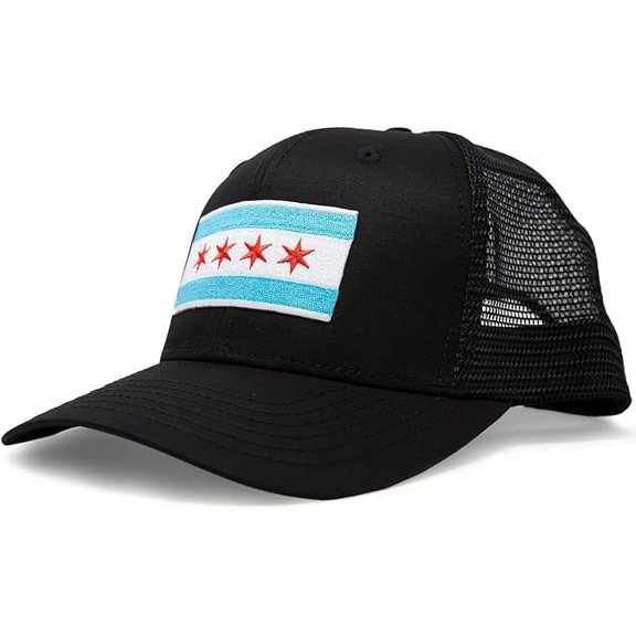 Chicago Flag Hat Men and Women – Snapback Trucker Baseball Cap by International Tie (All Black)