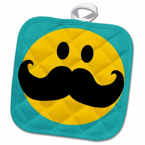 3dRose, Yellow smiling face, black mustache - teal blue turquoise - Fun, 8x8 Potholder