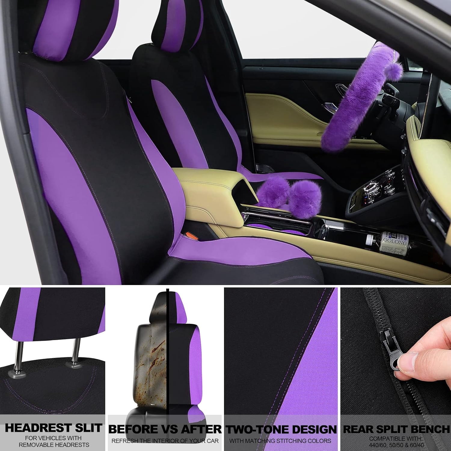 chalian 47 Pcs Car Seat Cover Full Set Car Accessories for Front Rear Seat Fluffy Steering Wheel Cover Belt Automotive Floor Mats Air Conditioner Decoration Strip(Purple)