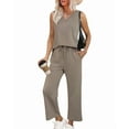 thumbnail image 3 of Two Piece Sets for Women Summer Outfits Lounge Sets Mock Neck Tops Wide Leg Crop Pants Vacation Travel Outfits Khaki XL, 3 of 8