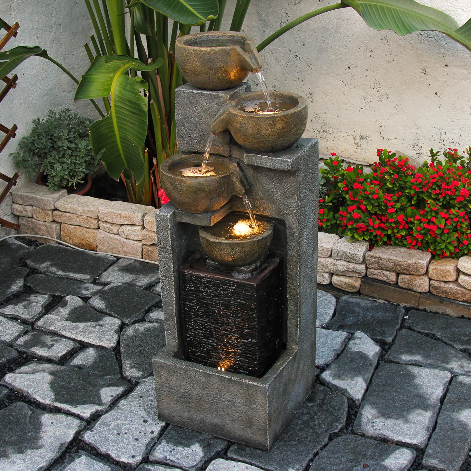 5-Tier Water Fountain Outdoor Garden Waterfall Fountains Indoor Bowl Cascading Water Feature with Led Lights for Home Deck Patio Porch Yard Decor 37.4" H