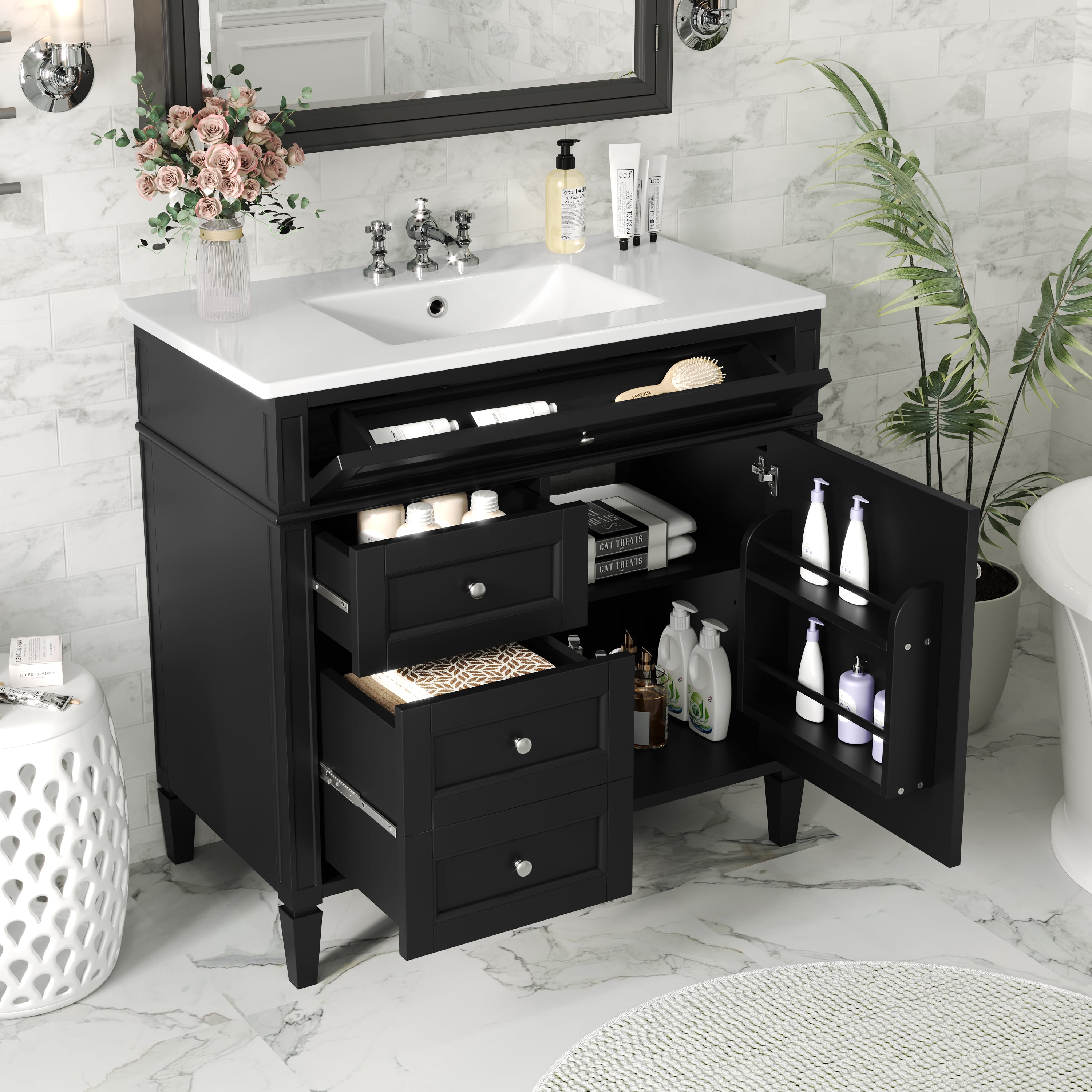 Harper & Bright Designs 36" Bathroom Single Vanity Sink Combo with Storage, Bathroom Floor Cabinet with Drawers and Doors, Black