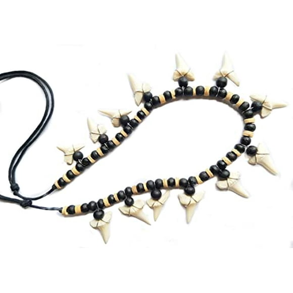 13! Collier de Dents de Requin Mako Authentique pour Hommes Femmes Garçons Filles avec Perles de Rocaille et Cordon Ciré Réglable Bijoux Faits Main GA056