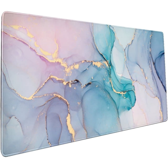 Teal Marble Extended Mouse Pad 35.4x15.7 Inch Turquoise Desk Marble Mousepad Extended Large Non-Slip Rubber Base Waterproof Big Keyboard Mat with Stitched Edges for Gaming and Office