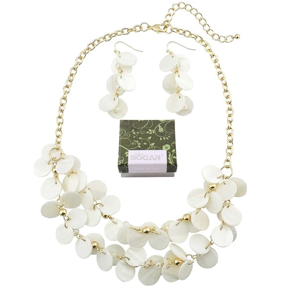 Bocar 2 Layer Statement Collar Shell Necklace and Earring Set for Women Gift, 18.5in, White