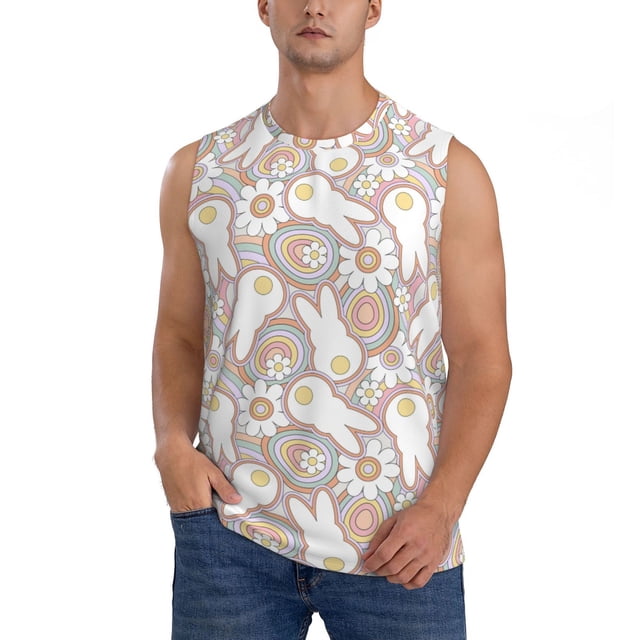 Fotbe Retro Hippie Groovy Easter bunny Men's Camiseta sin Mangas Estampada para Hombres, Playera Casual para Gimnasio, Entrenamiento, Playa-Medium