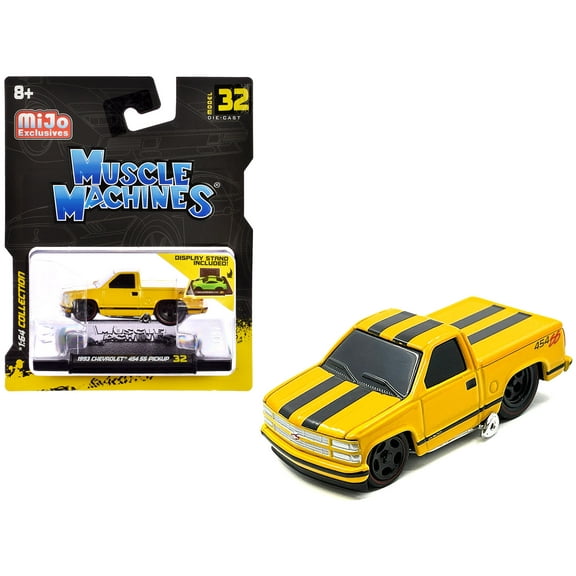 1993 Chevrolet 454 SS Pickup Truck Yellow with Black Stripes 1/64 Diecast Model Car by Muscle Machines