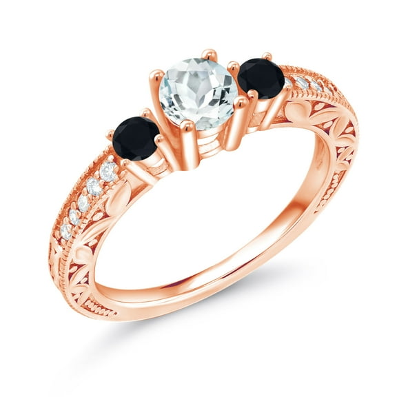 Gem Stone King 0.83 Ct Round Sky Blue Aquamarine Black Onyx 18K Rose Gold Plated Silver Ring (Size 5)