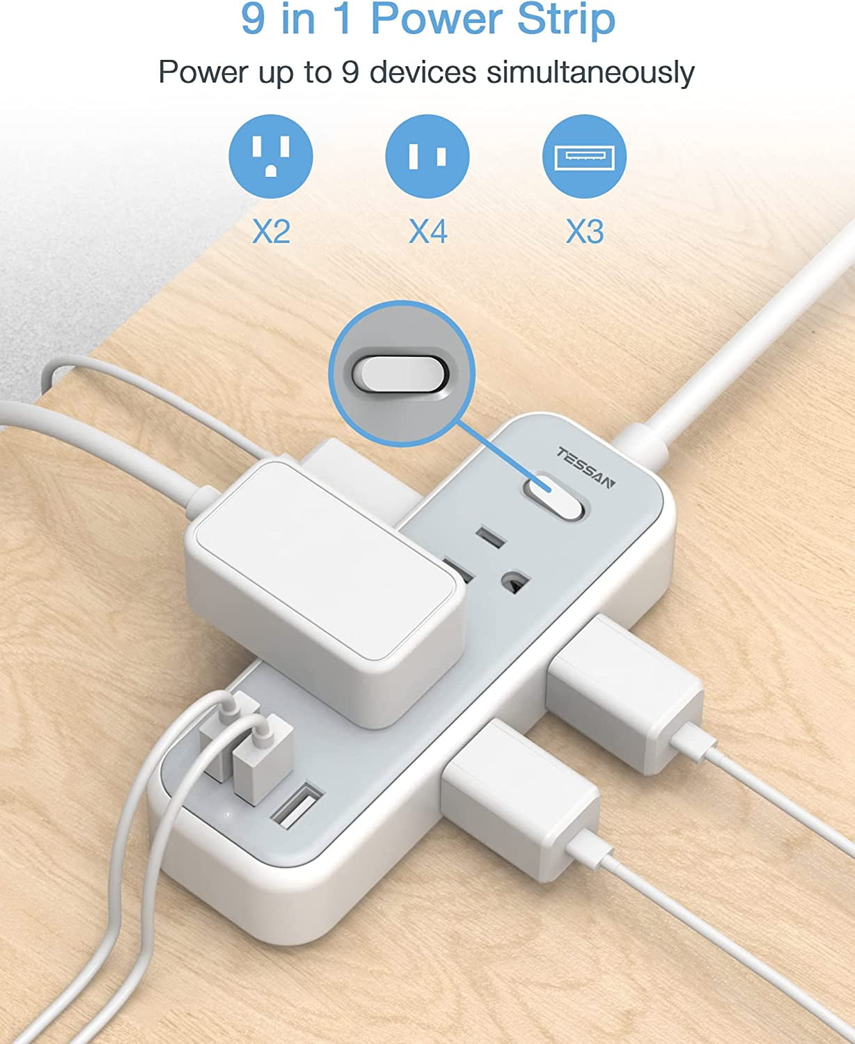 TESSAN Multi Plug-Outlet Splitter 5 AC Surge Protector Outlet Extender with 3 USB Wall Charger