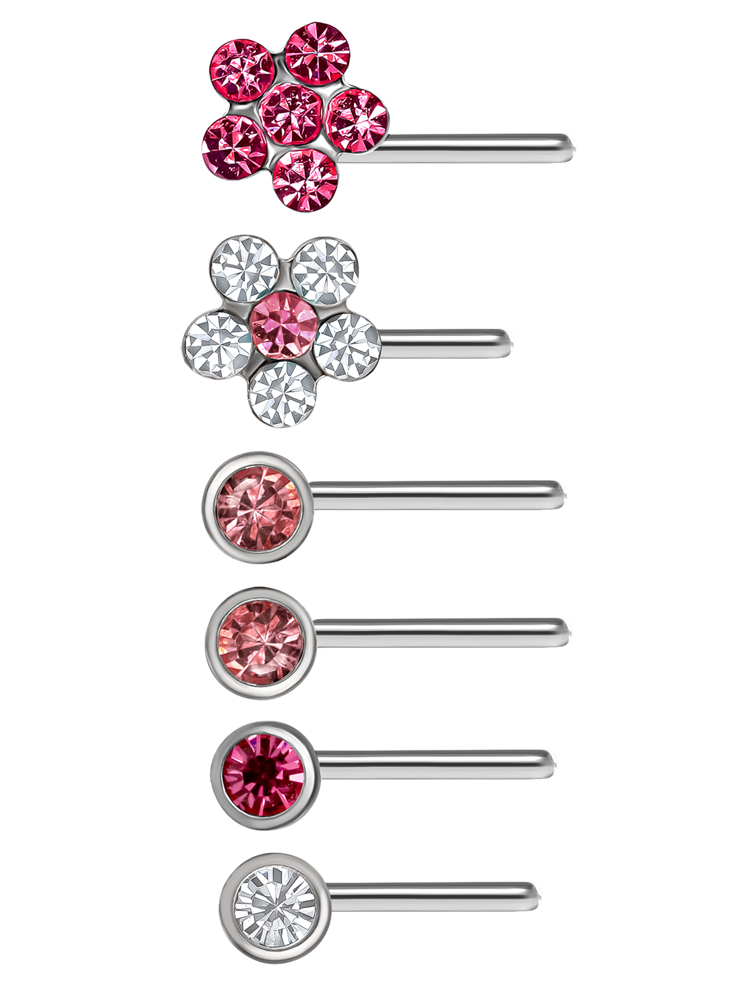 Adults Women's Body Jewelry 22G Stainless Steel Pink Flower Stud Nose Ring, 6 Pack
