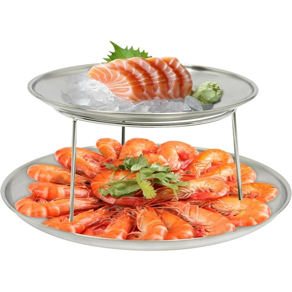 2-Tier Seafood Tower Set,2pcs Thickened Stainless Steel Seafood Tray and Tray Combo,Silver Round Serving Trays
