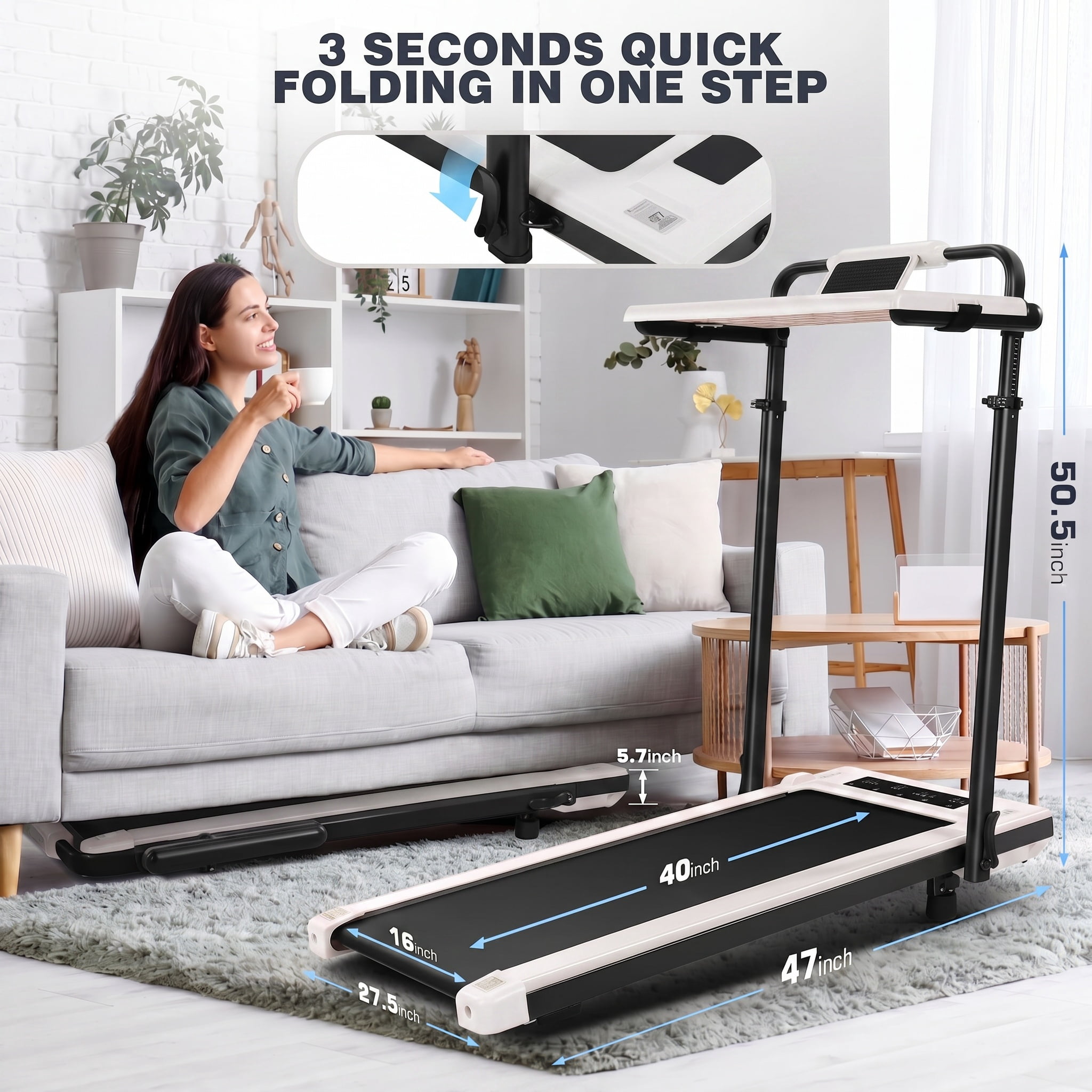 Simpfree Walking Pad with 6% Incline,3 in 1 Under Desk Treadmill with Height-Adjustable Desk 300lbs Capacity,Foldable Treadmill with Adjustable Handle,Touch Screen Remote Control,2s Folding,0.5-7.5mp