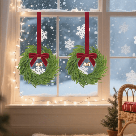 Fmnung 12 Inch Small Christmas Wreath, Artificial Faux Wreath with Red Bows Bells for Kitchen Cabinet Window Stairs Chairs Indoor Christmas Decor
