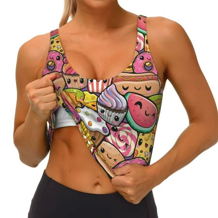 Qokaie Fruit-Flavored Ice-Cream Pattern Womens Scoop Neck Sports Bra Breathable Workout Vest Padded U Back Medium Impact Fitness Gym Yoga Bra Workout Crop Top