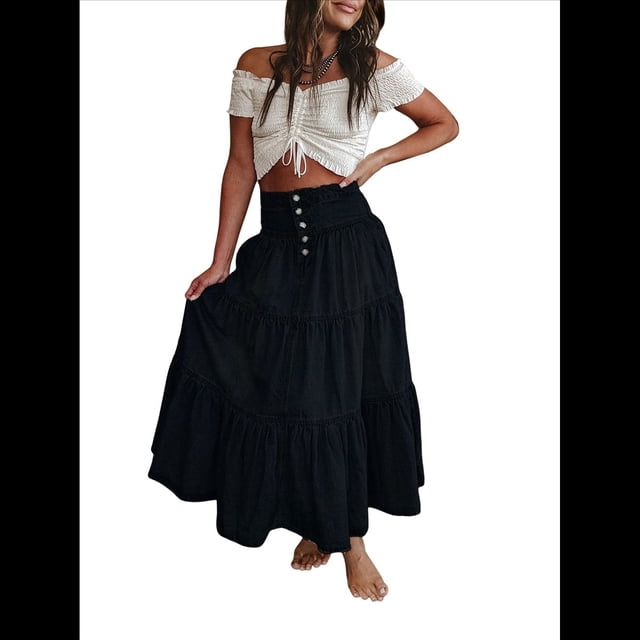Vestido Bohemio para Mujer, con Cintura Alta, Volantes, Fluido, con Volantes Escalonados, Corte A, para Playa. Negro L