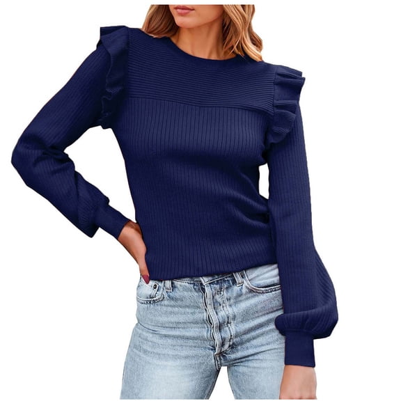 Long Sleeve Shirts For Women Ruffle Shoulder Sweaters Crew Neck Slim Fitted Fall Ribbed Knit Tops Womens Long Sleeve Tops
