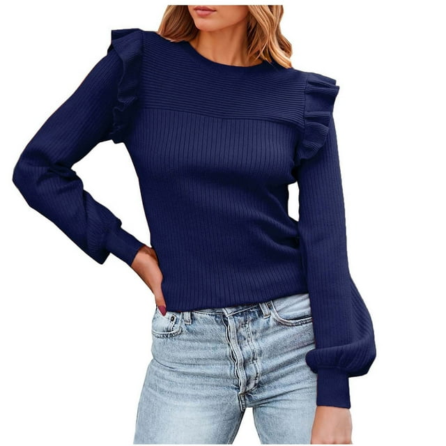 MESSUEN Chandail à Col Rond pour Femmes Hauts à Volants pour Femmes Chandails à Enfiler Femmes Hauts Décontractés pour Femmes Hauts Courts Basiques Blouses pour Femmes Chic Décontracté Blouses d'Été pour Femmes Bleu Foncé m