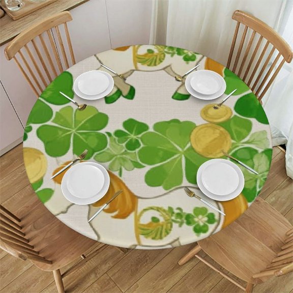 Waterproof Table Cloth Round Cover, Outdoor Fitted Round Tablecloth with Elastic, Spring Lucky Green Oilcloth