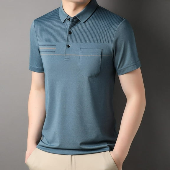 QUINDOS Casual Shirts for Men Collared Polo Short Sleeve Shirts Summer Tennis Striped Loose T-shirts