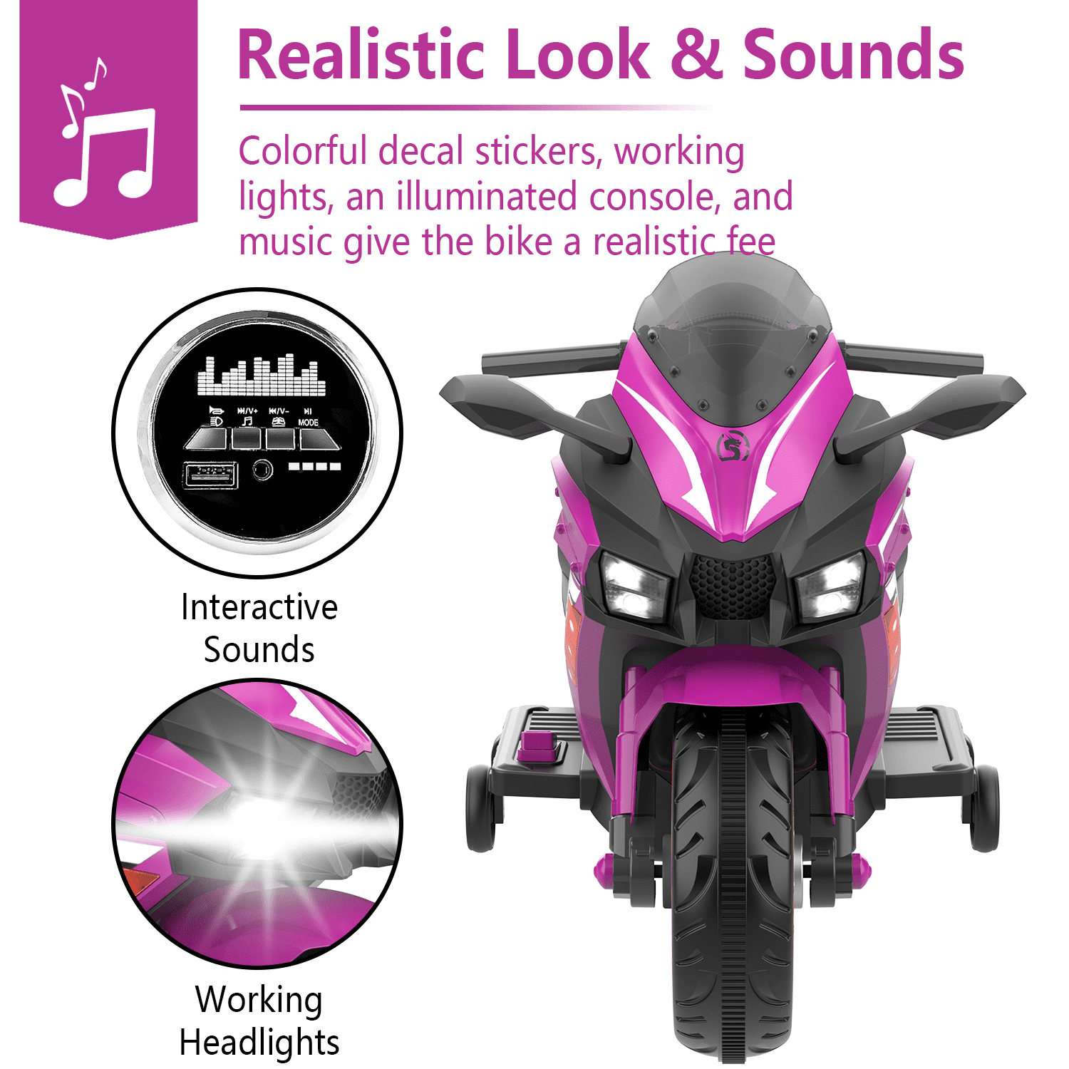 TaTee 12V Kids Electric Motorcycle, Battery Powered Ride-On Toy with Training Wheels for Boys & Girls Ages 3-6, Bluetooth Music & LED Lights, Purple