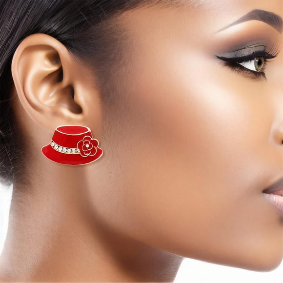 I AM A FASHION JUNKY Studs Red Gold Camellia Ladies Hat Earrings Women (.75x1.45inches, Red, Gold)
