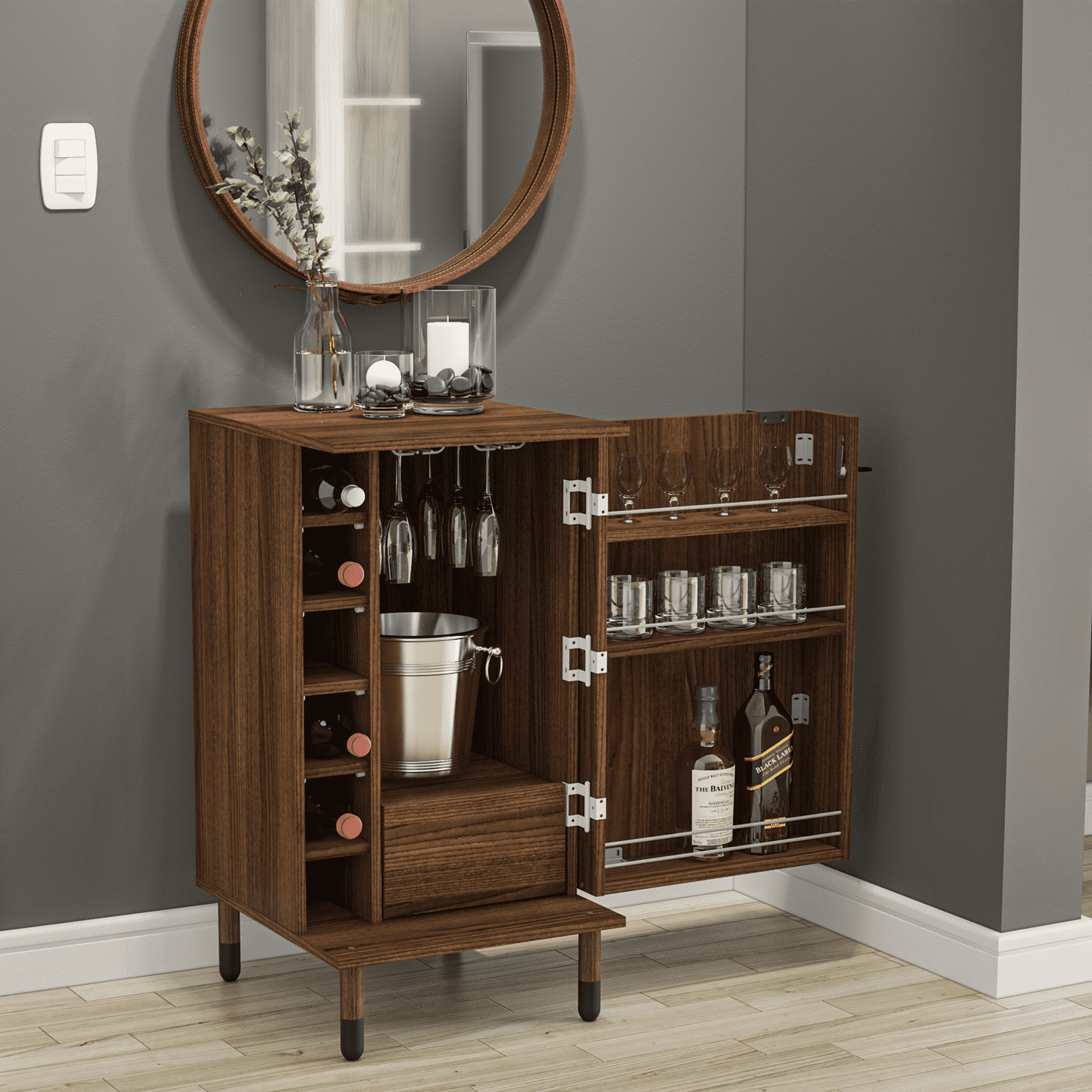 Boahaus Wrexham Modern Bar Cabinet 1 Door 6 Wine Racks 1 Drawer
