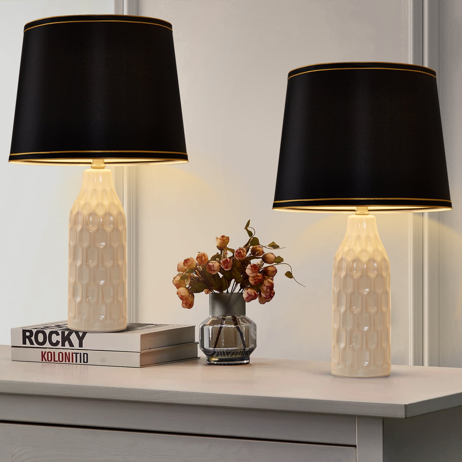 NATYSWAN Black Drum Lamp Shades Set of 2,Modern Linen Lampshade for Table Lamp Floor Lamp,13*10in