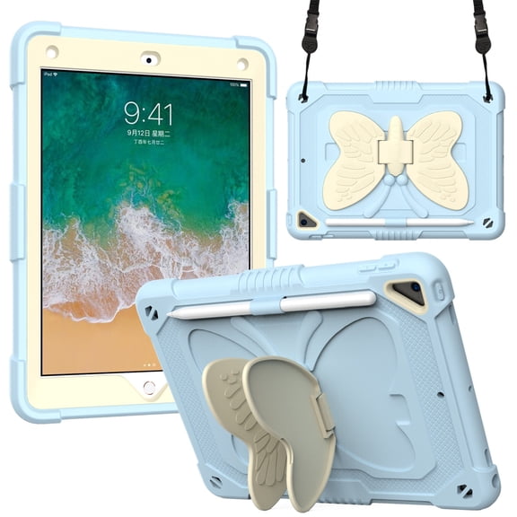 FJLBDE Case for iPad 6th / 5th Generation (2018 2017), iPad Air 2 / Air 1, iPad Pro 9.7 inch with Butterfly Stand, Protective Cover with Pencil Holder Shoulder Strap for Kids Girls, Beige Blue