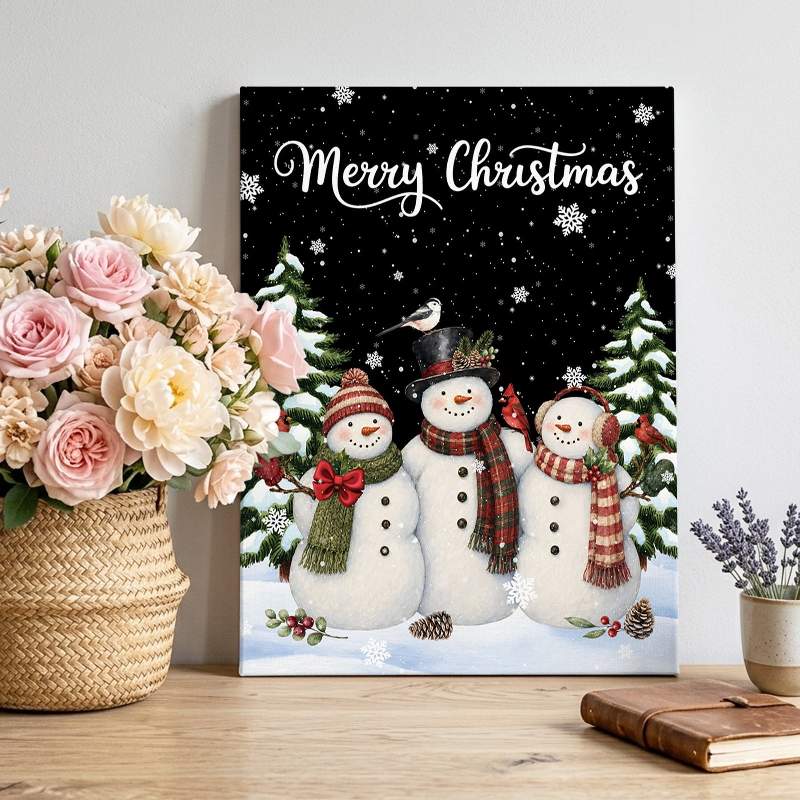 Winter Snowmen Canvas Wall Art Merry Christmas Red Birds Xmas Tree Black Night Sky Pictures Wall Decor Wooden Framed Artwork Art Prints for Living Room Hallway Bedroom Office 12 x18