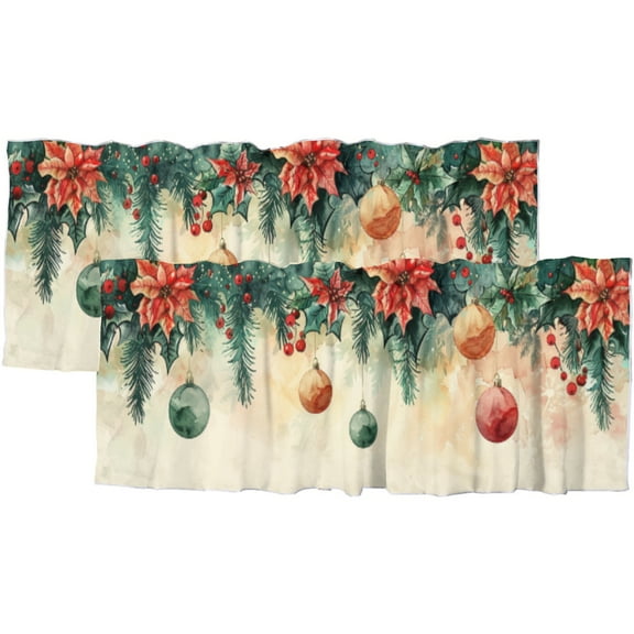 Merry Christmas Curtain Valance for Kitchen Colorful Balls Flowers Hang on Pine Tree Xmas Window Valance for Living Room Bedroom, Kitchen Valance Rod Pocket Window Decor Curtain 54 by 18 in, 2 Panel