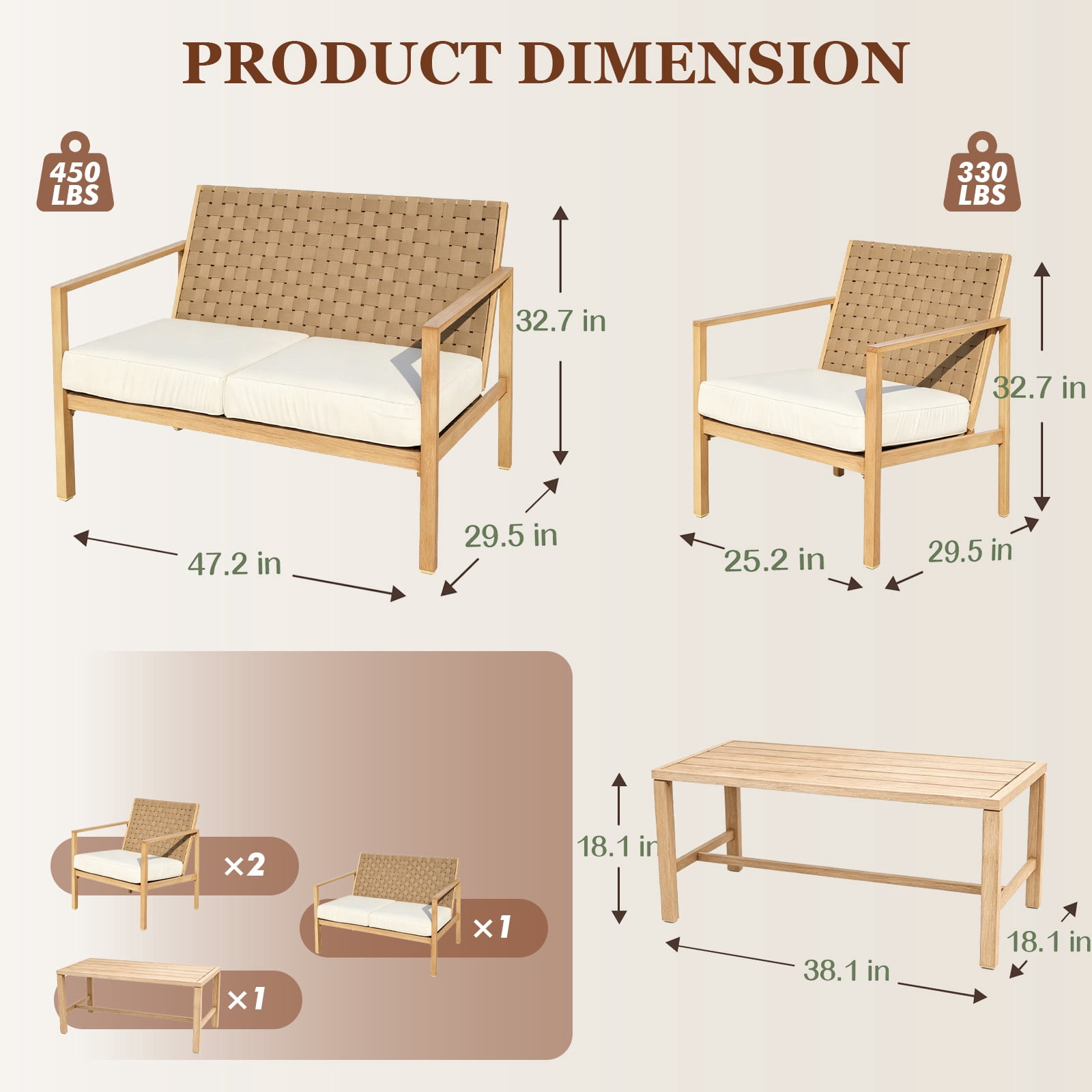 MOONMISS 4 Pieces Metal Patio Furniture Set, Hand-Made Drawstring Outdoor Patio Conversation Sets Outside loveseat with Soft Cushion for Garden-Beige