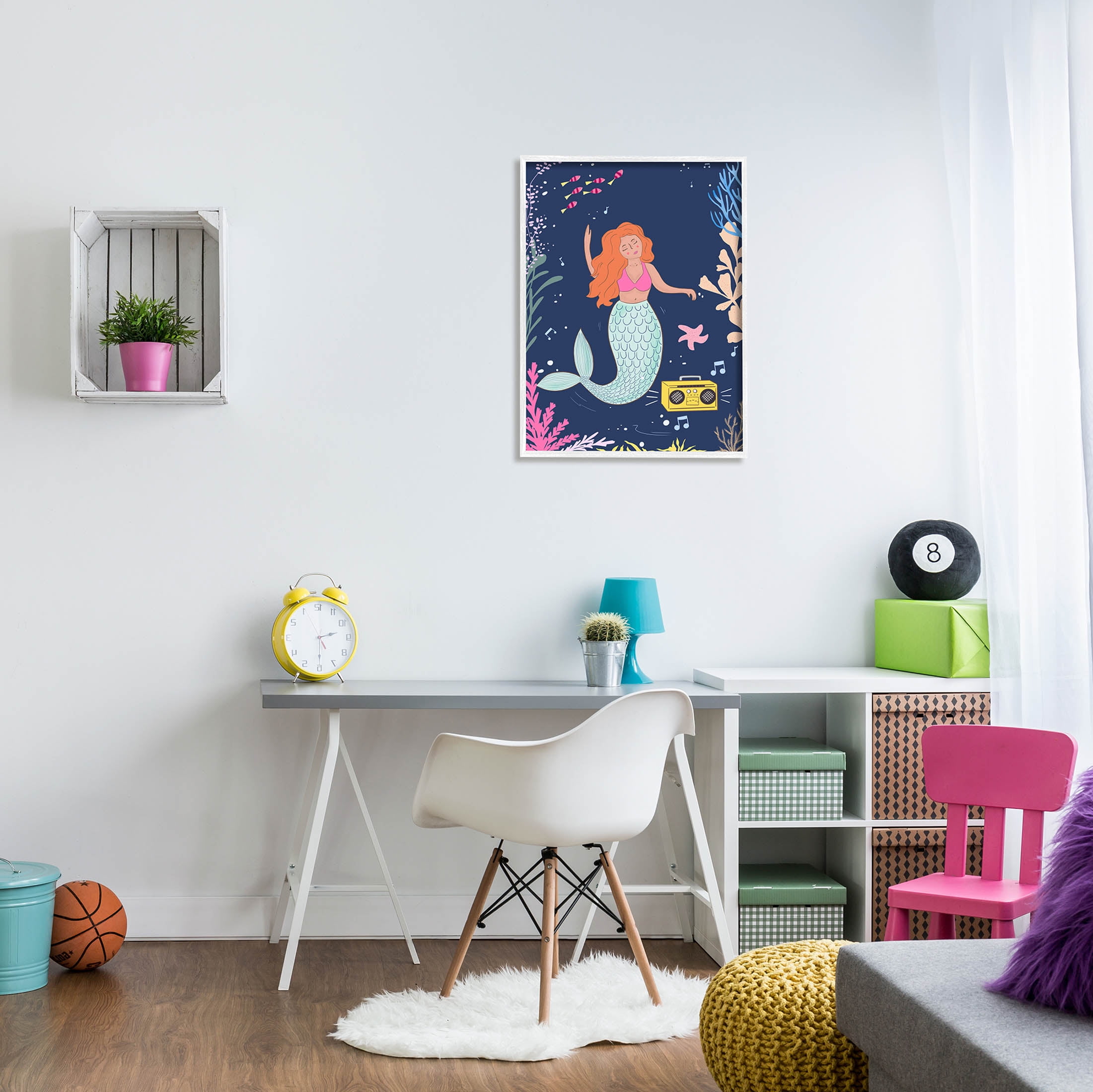 Stupell Industries Happy Mermaid Dancing Boombox Graphic Art White Framed Art Print Wall Art, Design by Nikita Jariwala
