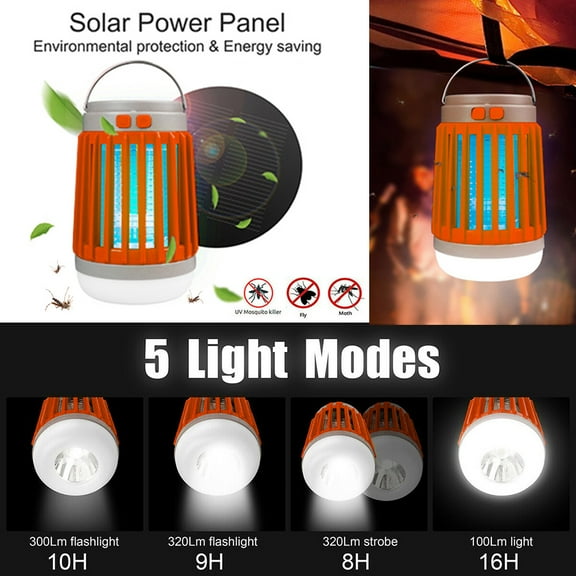 Camping Lantern,Electric Bug Zapper Light Bulb,Solar Insect Mosquito Killer,3in1,Orange,Outdoor, Indoor