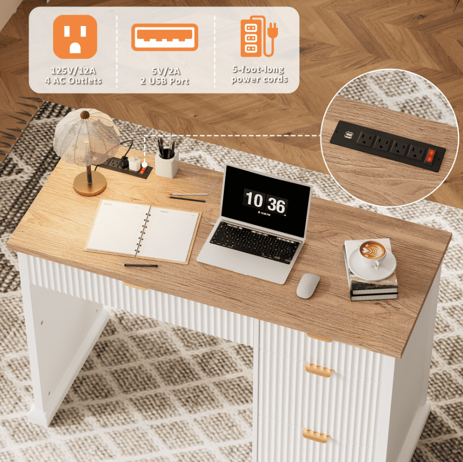 47" Farmhouse Executive Desk, Home Office Desk with Drawers and Charging Station, Wood Home Office Desk, Fluted Computer Writing Desk for Study, Living Room, Bedroom