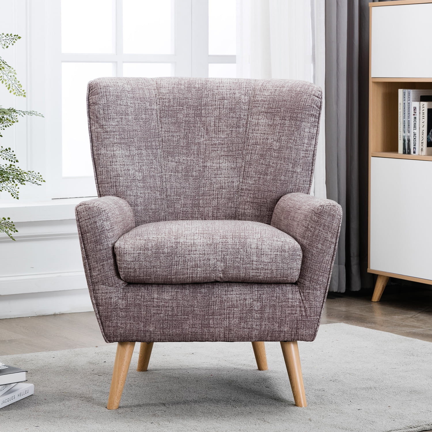 Fabric Reading Chair, Leisure Chair with Padded Armrests and Back