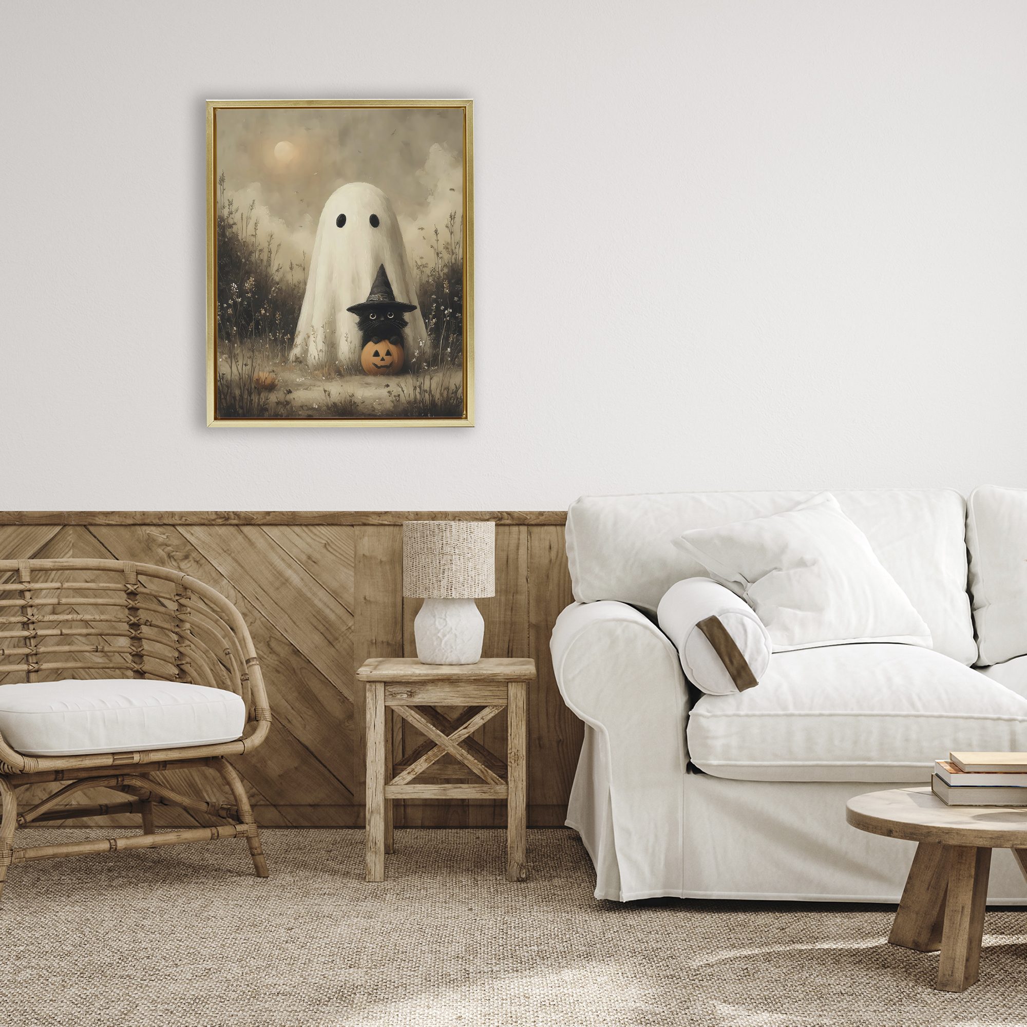 Ghost with Black Kitten Gold Framed Floater Canvas Wall Art, design by Arlington Prints