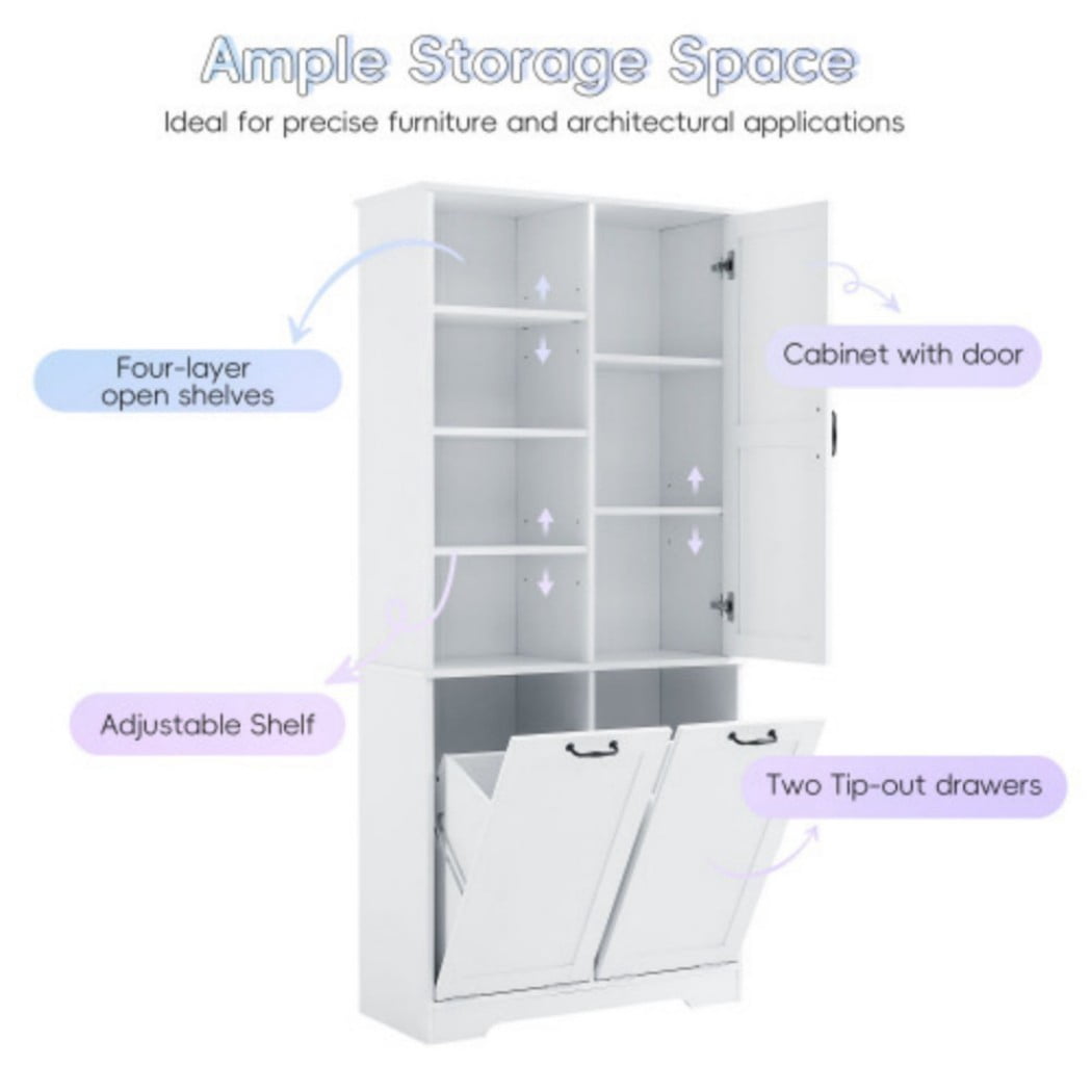 Bathroom Storage Cabinet with Doors and Drawers, Tall Laundry Hamper Cabinet with 2 Tilt-Out Baskets, Adjustable Shelves, Open Storage, White