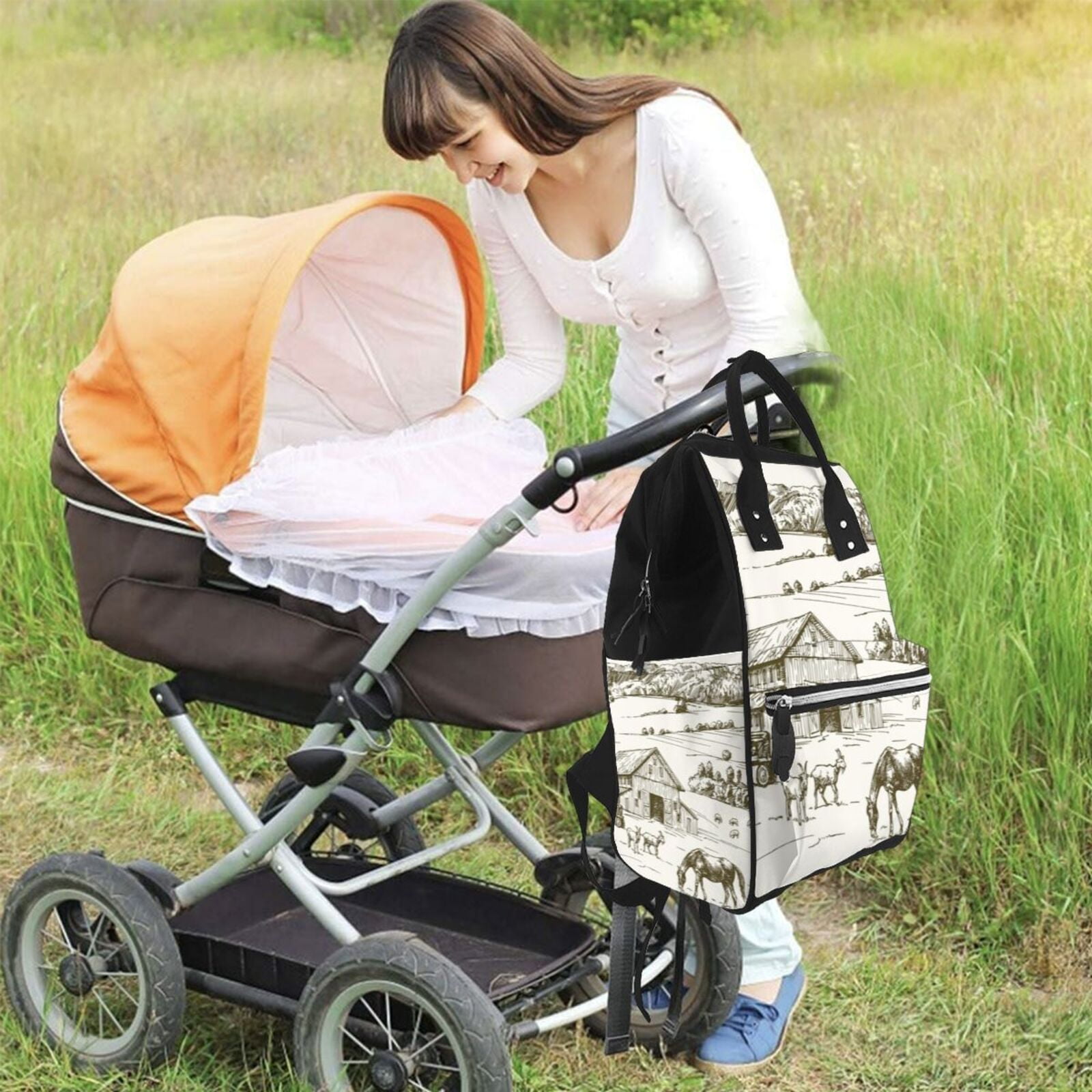 Ratiio Farm Animals 2 Mummy Backpack - Waterproof Twill Canvas, Large Capacity Diaper Bag with Multiple Pockets and Adjustable Straps