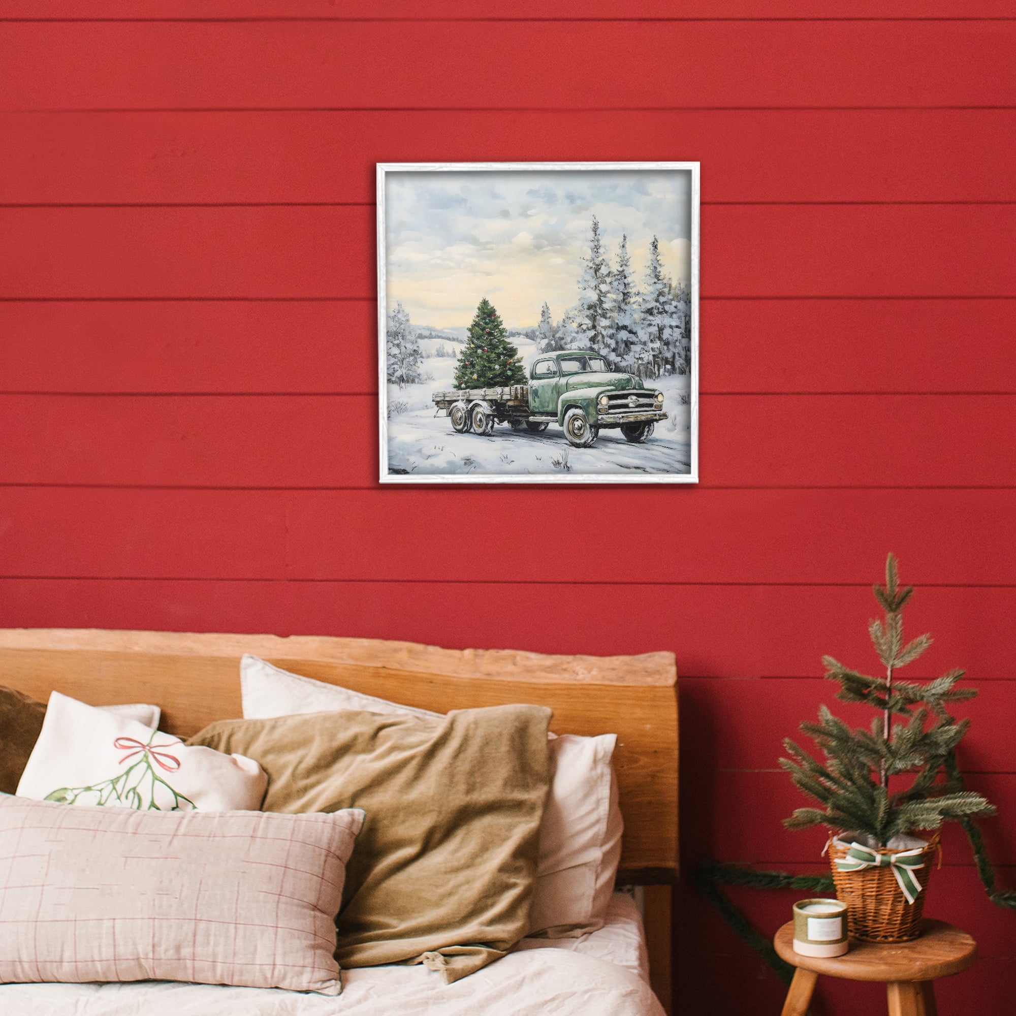 Green Christmas Tree Truck White Framed Giclee Art, design by Petal Prints Design