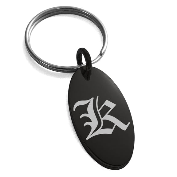 Stainless Steel Letter K Initial Old English Monogram Engraved Small Oval Charm Keychain Keyring